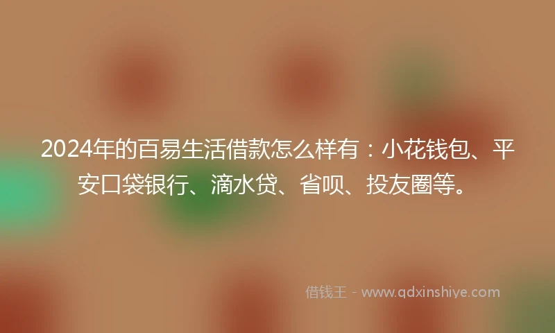 2024年的百易生活借款怎么样有：小花钱包、平安口袋银行、滴水贷、省呗、投友圈等。