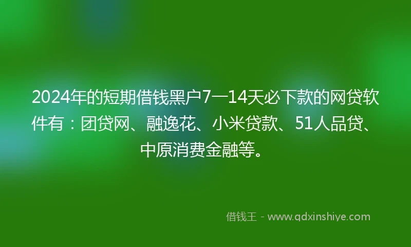 2024年的短期借钱黑户7一14天必下款的网贷软件有：团贷网、融逸花、小米贷款、51人品贷、中原消费金融等。