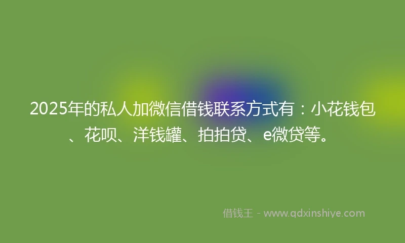 2025年的私人加微信借钱联系方式有：小花钱包、花呗、洋钱罐、拍拍贷、e微贷等。