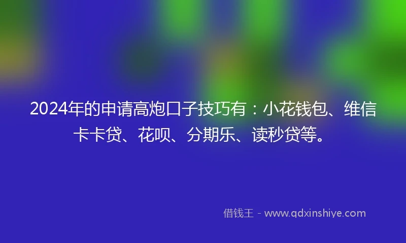 2024年的申请高炮口子技巧有：小花钱包、维信卡卡贷、花呗、分期乐、读秒贷等。