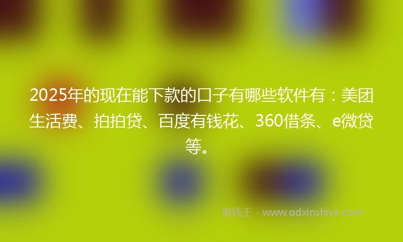 2025年的现在能下款的口子有哪些软件有：美团生活费、拍拍贷、百度有钱花、360借条、e微贷等。