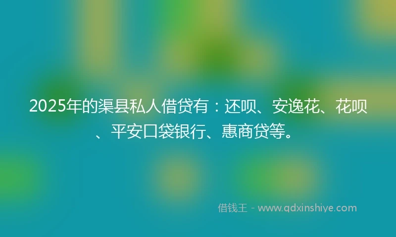 2025年的渠县私人借贷有：还呗、安逸花、花呗、平安口袋银行、惠商贷等。