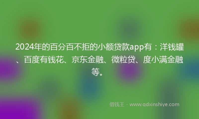 2024年的百分百不拒的小额贷款app有：洋钱罐、百度有钱花、京东金融、微粒贷、度小满金融等。