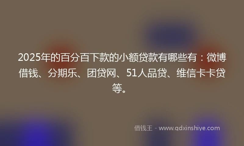 2025年的百分百下款的小额贷款有哪些有：微博借钱、分期乐、团贷网、51人品贷、维信卡卡贷等。