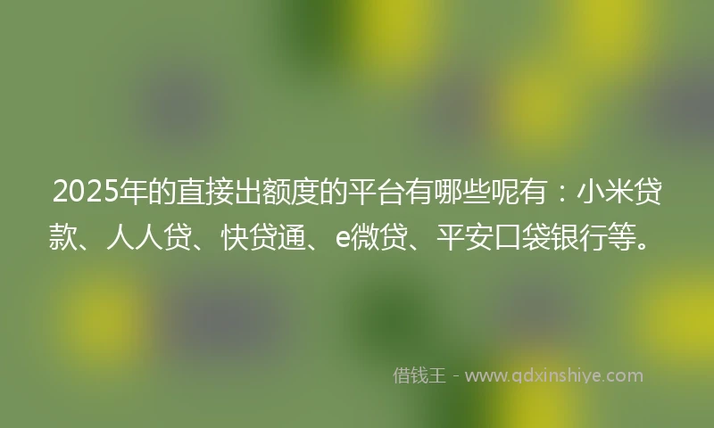2025年的直接出额度的平台有哪些呢有：小米贷款、人人贷、快贷通、e微贷、平安口袋银行等。