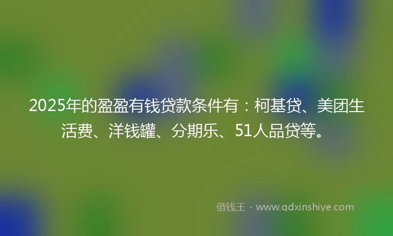 2025年的盈盈有钱贷款条件有：柯基贷、美团生活费、洋钱罐、分期乐、51人品贷等。