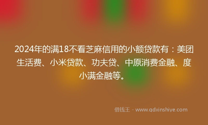 2024年的满18不看芝麻信用的小额贷款有：美团生活费、小米贷款、功夫贷、中原消费金融、度小满金融等。