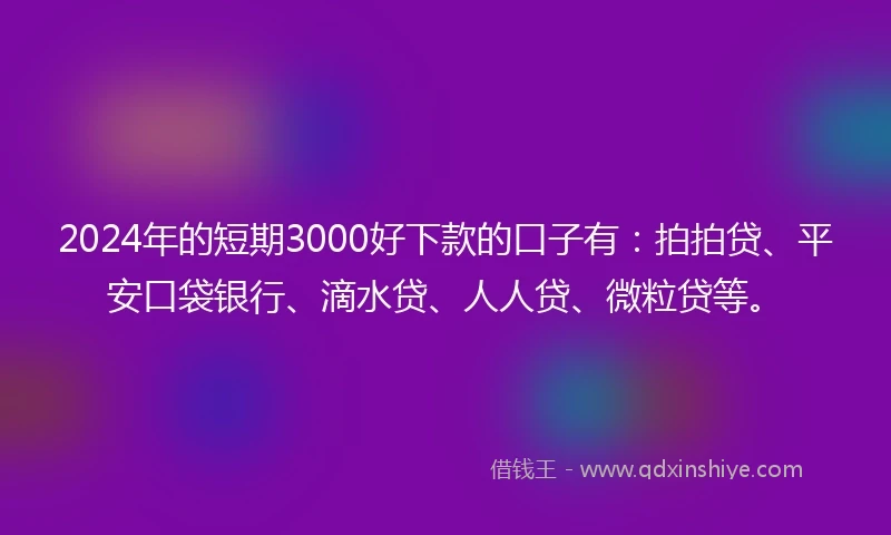 2024年的短期3000好下款的口子有：拍拍贷、平安口袋银行、滴水贷、人人贷、微粒贷等。