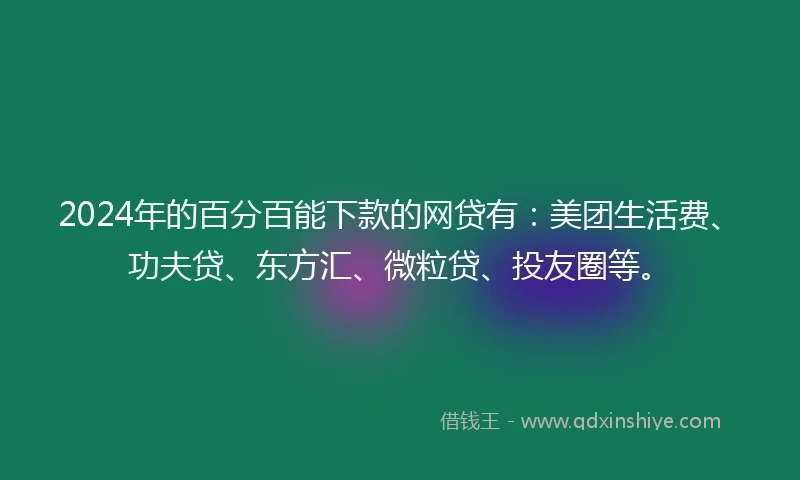 2024年的百分百能下款的网贷有：美团生活费、功夫贷、东方汇、微粒贷、投友圈等。