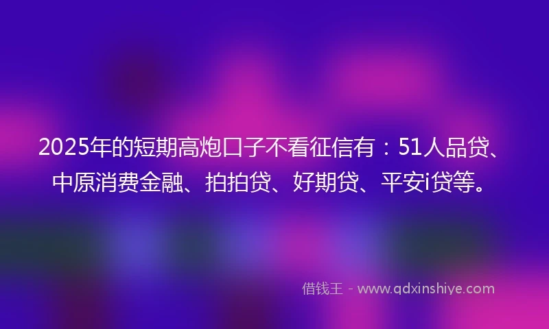 2025年的短期高炮口子不看征信有：51人品贷、中原消费金融、拍拍贷、好期贷、平安i贷等。