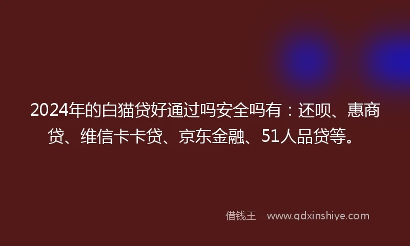 2024年的白猫贷好通过吗安全吗有：还呗、惠商贷、维信卡卡贷、京东金融、51人品贷等。