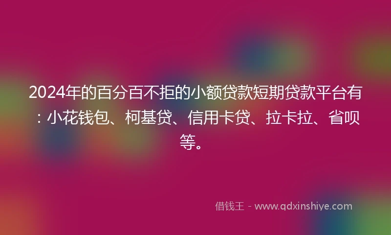 2024年的百分百不拒的小额贷款短期贷款平台有：小花钱包、柯基贷、信用卡贷、拉卡拉、省呗等。