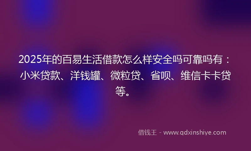 2025年的百易生活借款怎么样安全吗可靠吗有：小米贷款、洋钱罐、微粒贷、省呗、维信卡卡贷等。