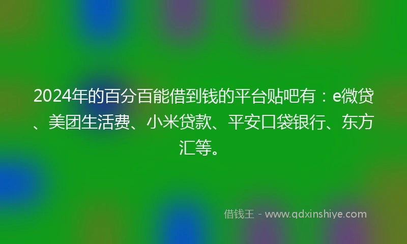 2024年的百分百能借到钱的平台贴吧有：e微贷、美团生活费、小米贷款、平安口袋银行、东方汇等。