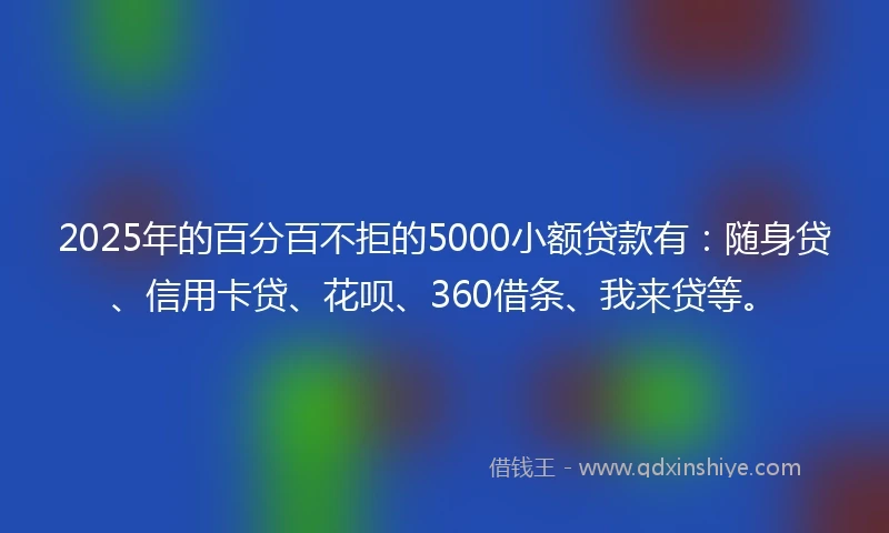 2025年的百分百不拒的5000小额贷款有：随身贷、信用卡贷、花呗、360借条、我来贷等。