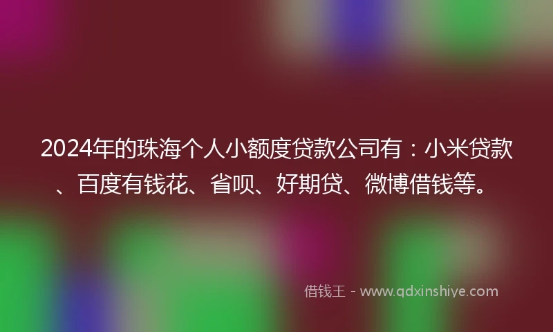 2024年的珠海个人小额度贷款公司有：小米贷款、百度有钱花、省呗、好期贷、微博借钱等。