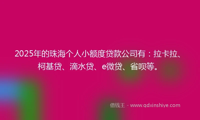 2025年的珠海个人小额度贷款公司有：拉卡拉、柯基贷、滴水贷、e微贷、省呗等。