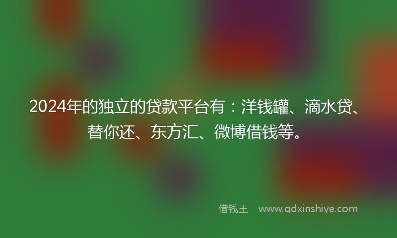 2024年的独立的贷款平台有：洋钱罐、滴水贷、替你还、东方汇、微博借钱等。