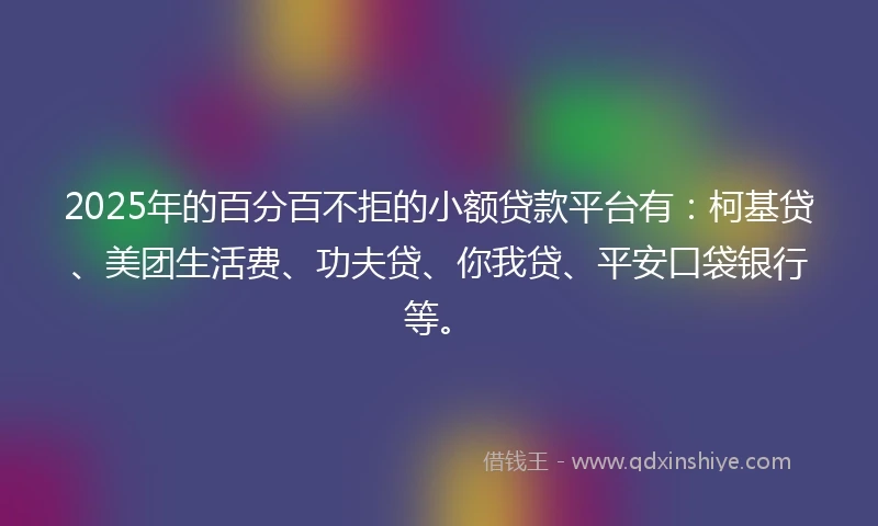 2025年的百分百不拒的小额贷款平台有：柯基贷、美团生活费、功夫贷、你我贷、平安口袋银行等。