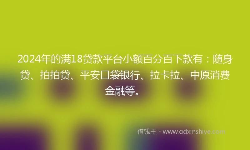 2024年的满18贷款平台小额百分百下款有：随身贷、拍拍贷、平安口袋银行、拉卡拉、中原消费金融等。