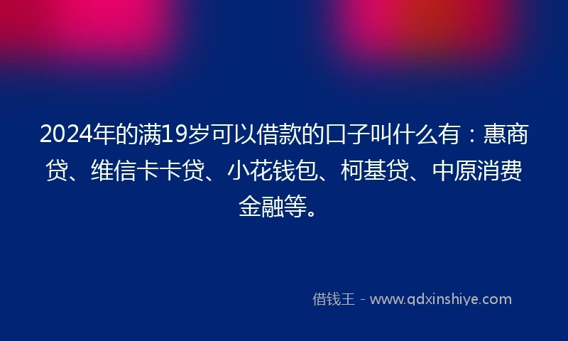 2024年的满19岁可以借款的口子叫什么有：惠商贷、维信卡卡贷、小花钱包、柯基贷、中原消费金融等。