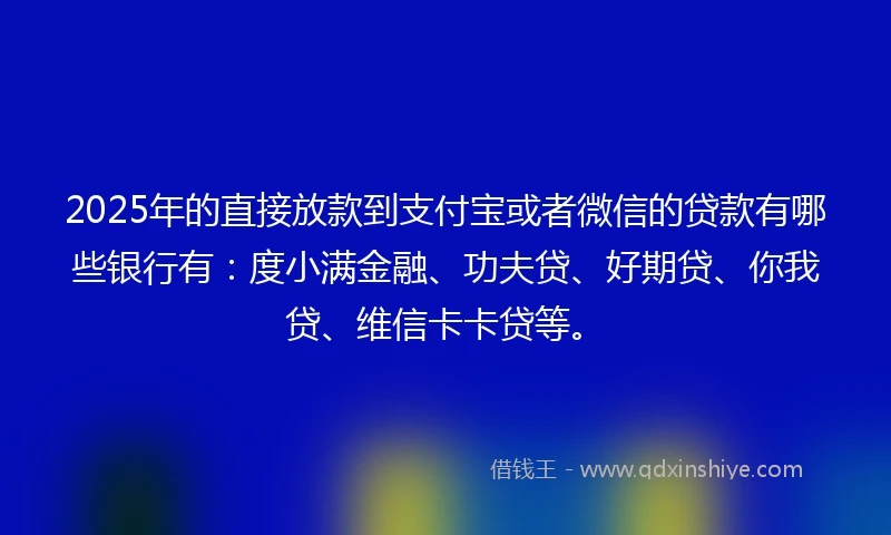 2025年的直接放款到支付宝或者微信的贷款有哪些银行有：度小满金融、功夫贷、好期贷、你我贷、维信卡卡贷等。