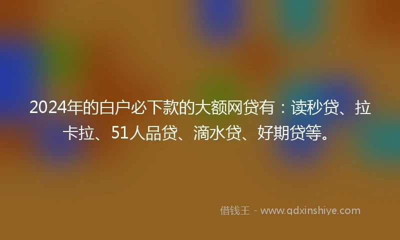 2024年的白户必下款的大额网贷有：读秒贷、拉卡拉、51人品贷、滴水贷、好期贷等。
