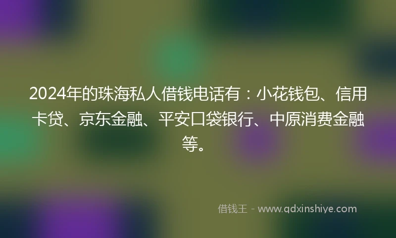 2024年的珠海私人借钱电话有:小花钱包、信用卡贷、京东金融、平安口袋银行、中原消费金融等。