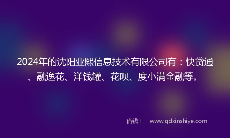 2024年的沈阳亚熙信息技术有限公司有：快贷通、融逸花、洋钱罐、花呗、度小满金融等。