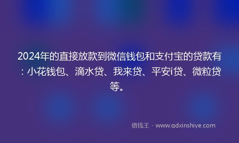 2024年的直接放款到微信钱包和支付宝的贷款有：小花钱包、滴水贷、我来贷、平安i贷、微粒贷等。