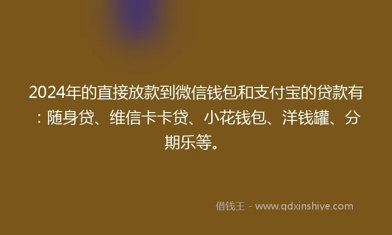 2024年的直接放款到微信钱包和支付宝的贷款有：随身贷、维信卡卡贷、小花钱包、洋钱罐、分期乐等。