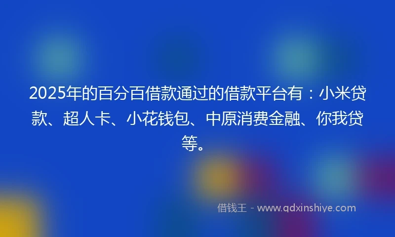 2025年的百分百借款通过的借款平台有：小米贷款、超人卡、小花钱包、中原消费金融、你我贷等。