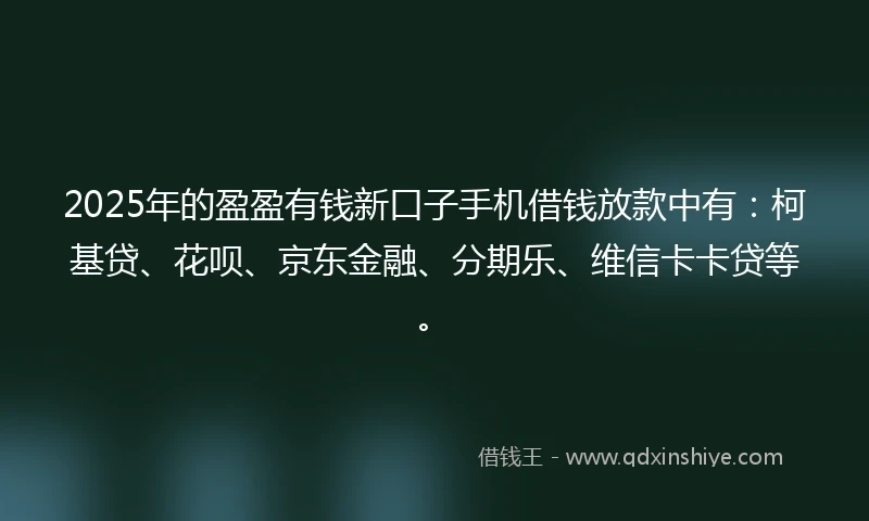 2025年的盈盈有钱新口子手机借钱放款中有：柯基贷、花呗、京东金融、分期乐、维信卡卡贷等。