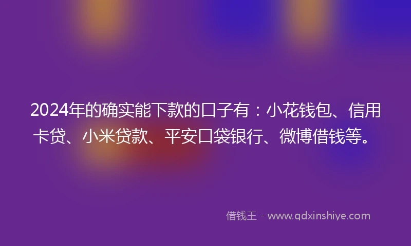 2024年的确实能下款的口子有：小花钱包、信用卡贷、小米贷款、平安口袋银行、微博借钱等。
