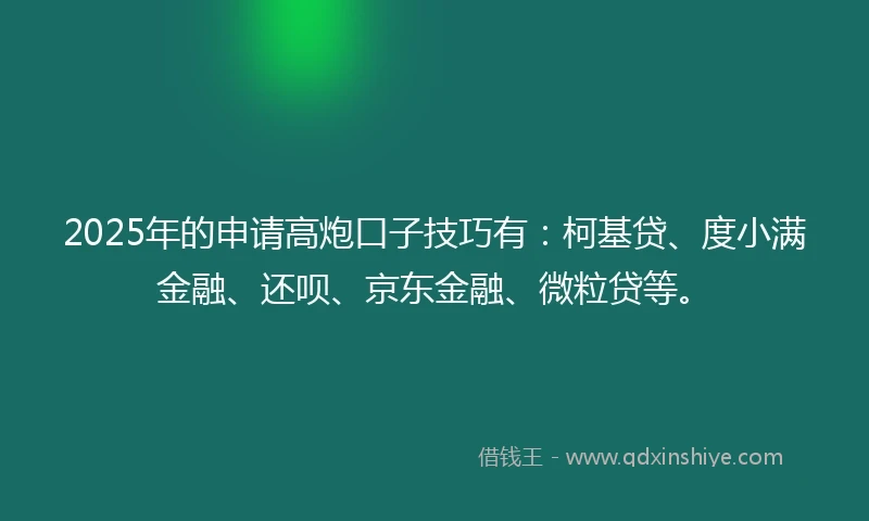 2025年的申请高炮口子技巧有：柯基贷、度小满金融、还呗、京东金融、微粒贷等。