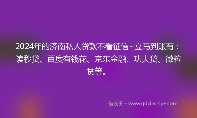 2024年的济南私人贷款不看征信~立马到账有：读秒贷、百度有钱花、京东金融、功夫贷、微粒贷等。