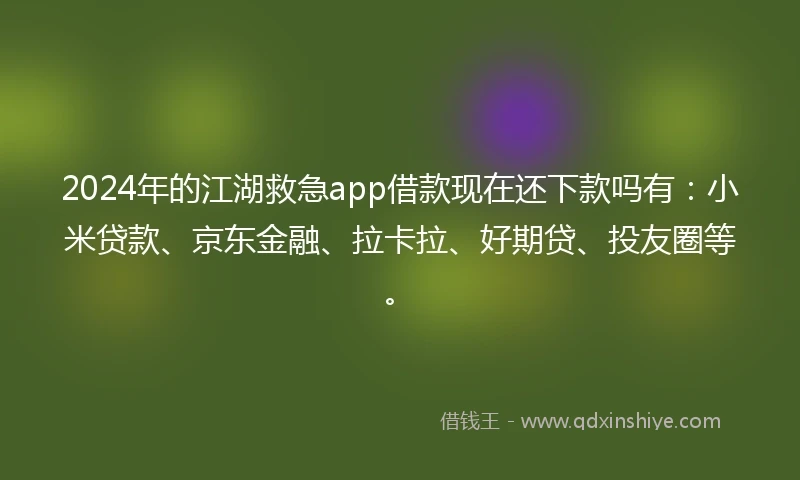 2024年的江湖救急app借款现在还下款吗有：小米贷款、京东金融、拉卡拉、好期贷、投友圈等。
