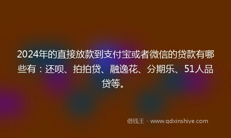 2024年的直接放款到支付宝或者微信的贷款有哪些有：还呗、拍拍贷、融逸花、分期乐、51人品贷等。