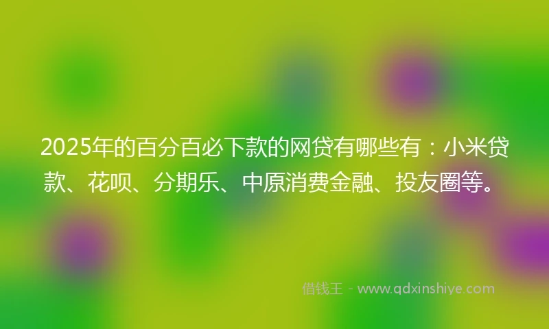 2025年的百分百必下款的网贷有哪些有：小米贷款、花呗、分期乐、中原消费金融、投友圈等。