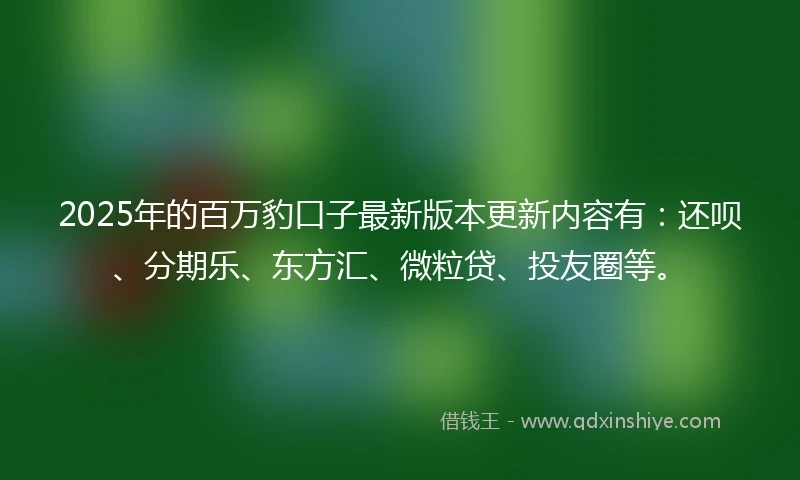 2025年的百万豹口子最新版本更新内容有：还呗、分期乐、东方汇、微粒贷、投友圈等。