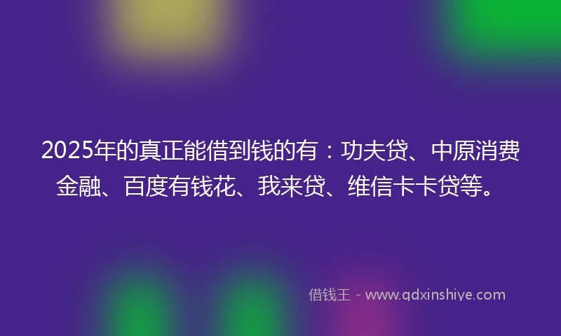 2025年的真正能借到钱的有：功夫贷、中原消费金融、百度有钱花、我来贷、维信卡卡贷等。
