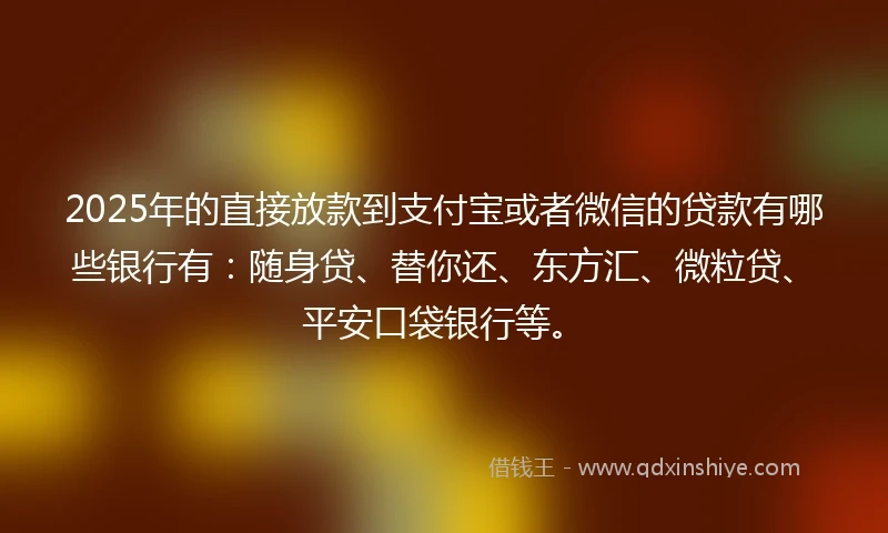 2025年的直接放款到支付宝或者微信的贷款有哪些银行有：随身贷、替你还、东方汇、微粒贷、平安口袋银行等。