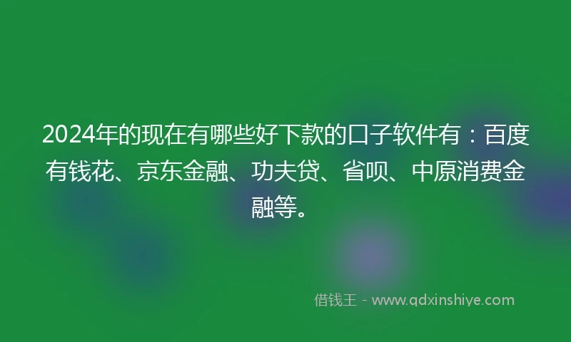 2024年的现在有哪些好下款的口子软件有：百度有钱花、京东金融、功夫贷、省呗、中原消费金融等。
