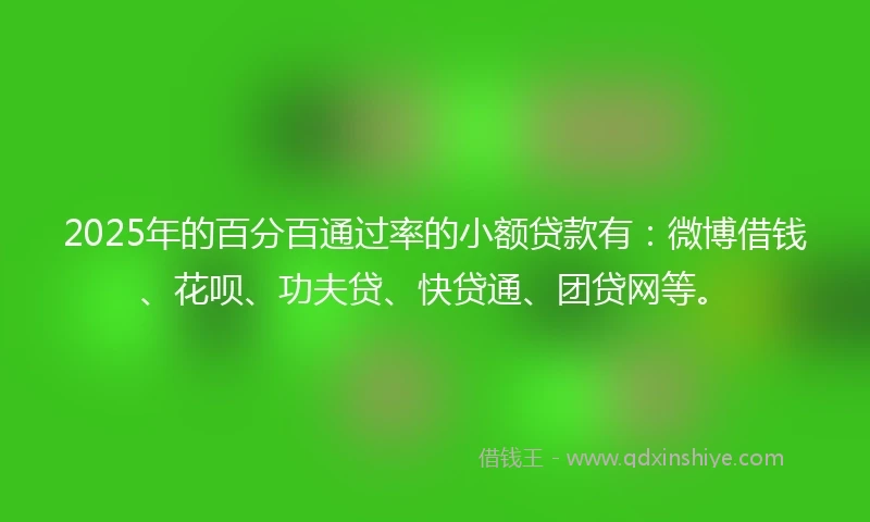 2025年的百分百通过率的小额贷款有：微博借钱、花呗、功夫贷、快贷通、团贷网等。