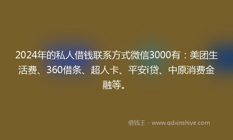 2024年的私人借钱联系方式微信3000有：美团生活费、360借条、超人卡、平安i贷、中原消费金融等。