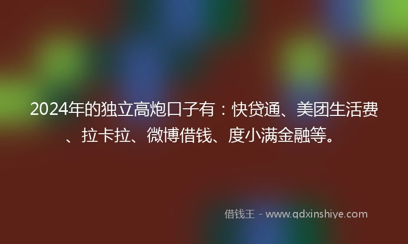 2024年的独立高炮口子有：快贷通、美团生活费、拉卡拉、微博借钱、度小满金融等。
