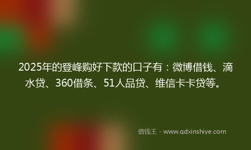 2025年的登峰购好下款的口子有：微博借钱、滴水贷、360借条、51人品贷、维信卡卡贷等。