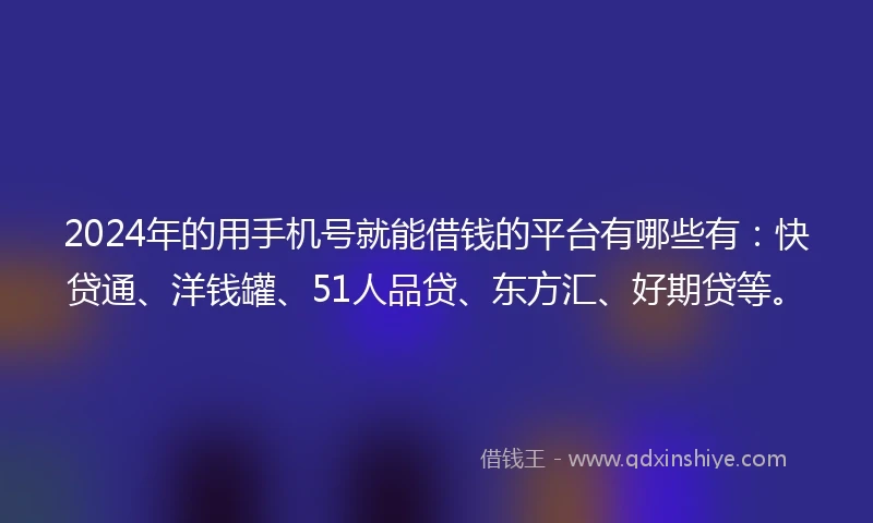 2024年的用手机号就能借钱的平台有哪些有：快贷通、洋钱罐、51人品贷、东方汇、好期贷等。