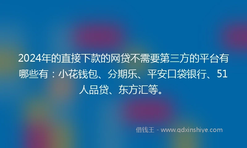 2024年的直接下款的网贷不需要第三方的平台有哪些有：小花钱包、分期乐、平安口袋银行、51人品贷、东方汇等。