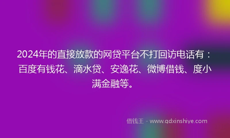 2024年的直接放款的网贷平台不打回访电话有：百度有钱花、滴水贷、安逸花、微博借钱、度小满金融等。